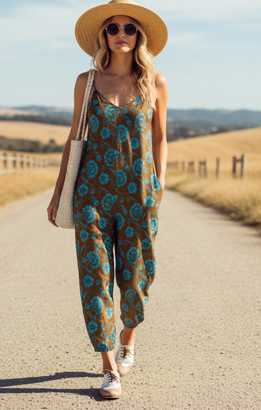 Jumpsuits with bold prints-Brown -Turquoise Boho Print