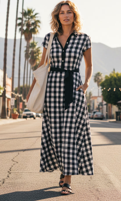 Shirt-Top Maxi Dress with Waist Belt-Brown Beige
