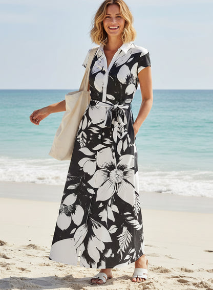 Shirt-Top Maxi Dress with Waist Belt-Black White