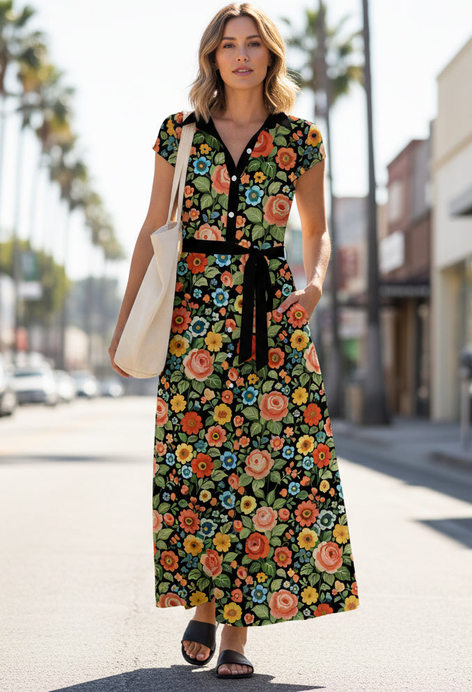 Shirt-Top Maxi Dress with Waist Belt-Black White