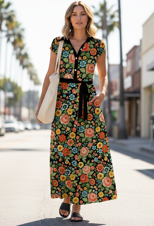 Shirt-Top Maxi Dress with Waist Belt-Black Multi Floral