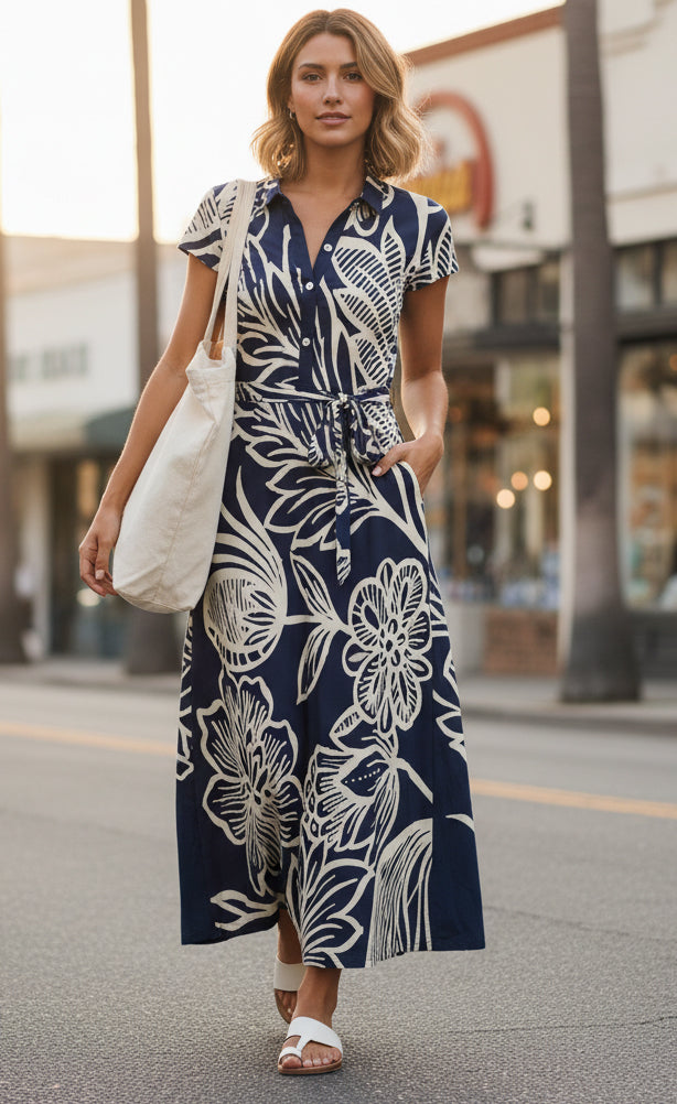 Shirt-Top Maxi Dress with Waist Belt-Navy White