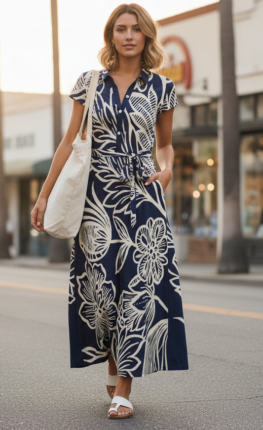 Shirt-Top Maxi Dress with Waist Belt-Navy White