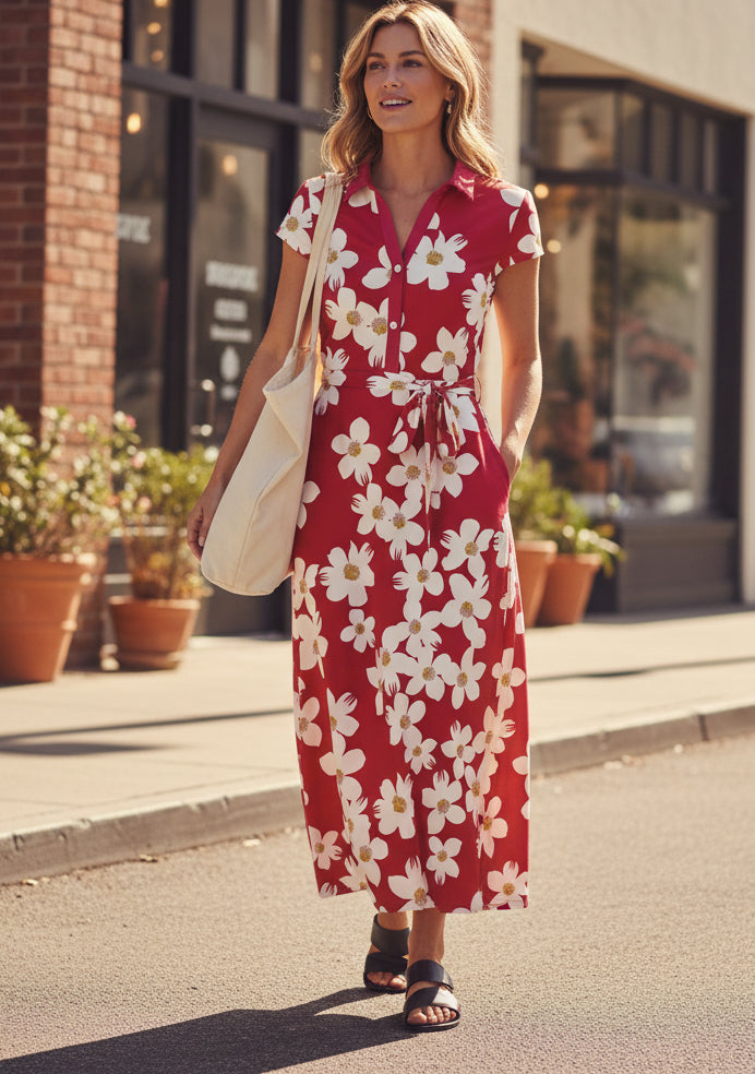 Shirt-Top Maxi Dress with Waist Belt-Brown Beige