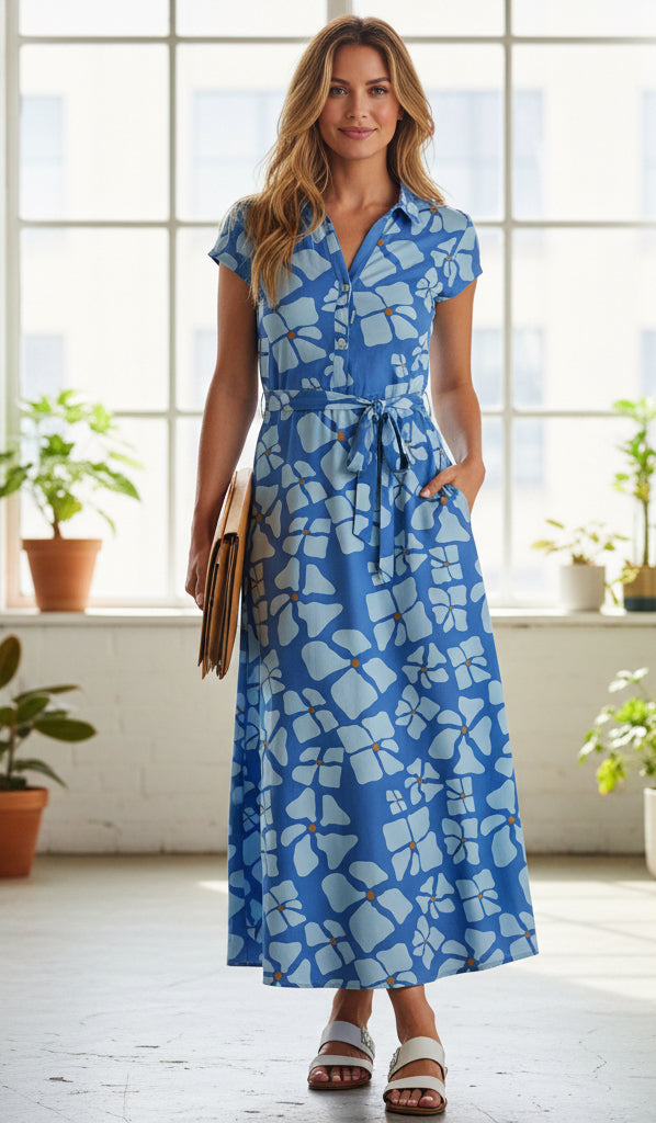 Shirt-Top Maxi Dress with Waist Belt-Black White