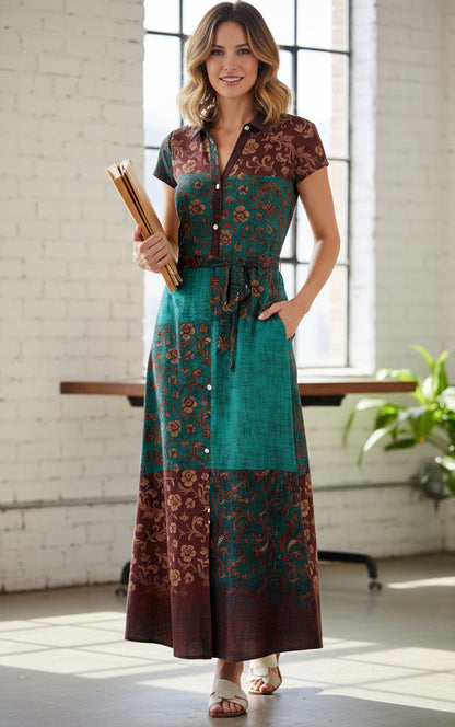 Shirt-Top Maxi Dress with Waist Belt-Navy White