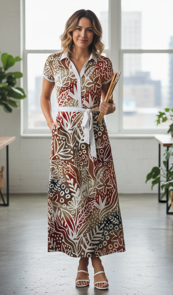 Shirt-Top Maxi Dress with Waist Belt-Navy White