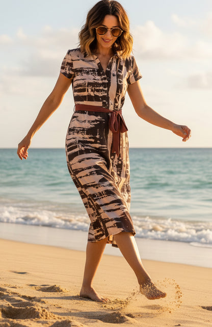 Shirt-Top Maxi Dress with Waist Belt-Brown Beige