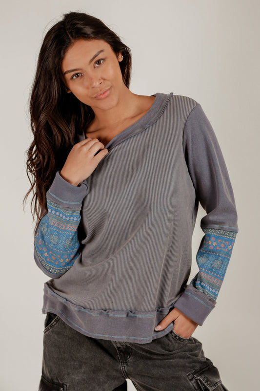 Indigo Patch Pullover (Wholesale) (SKU# F240002 BLUE)