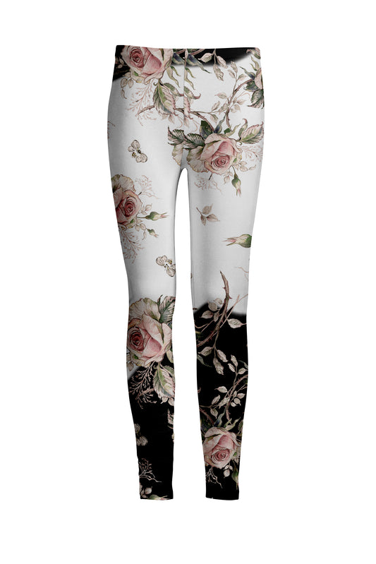 Bold Print Leggings-White Pink Rose