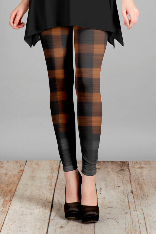 Bold Print Leggings-Brown Yellow Plaids