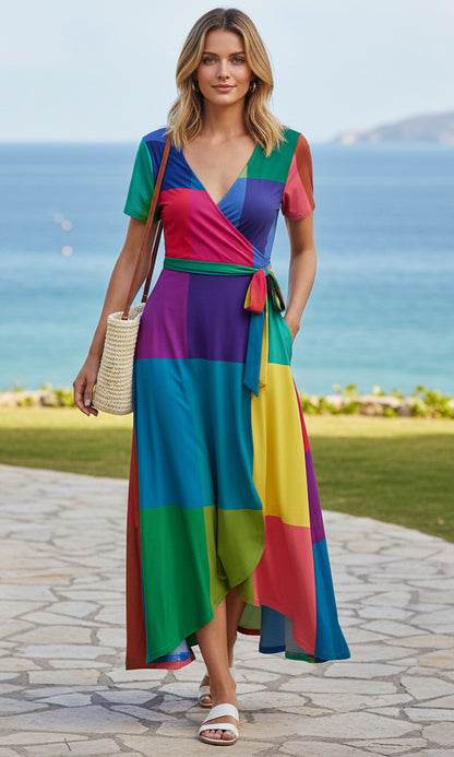 Wrap Maxi Dress with Waist Tie and Pockets-Blue Multi Colors Blocks – Lily by Firmiana Wrap Maxi Dress with Waist Tie and Pockets-Blue Multi Colors Blocks – Lily by Firmiana