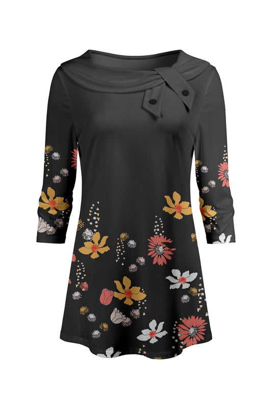 Bold Collar Printed Tunic-Black Floral