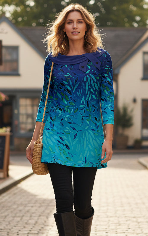 Bold Collar Printed Tunic-Teal Blue