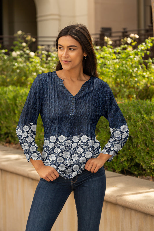 Front Pleated Button Tunic-Blue White