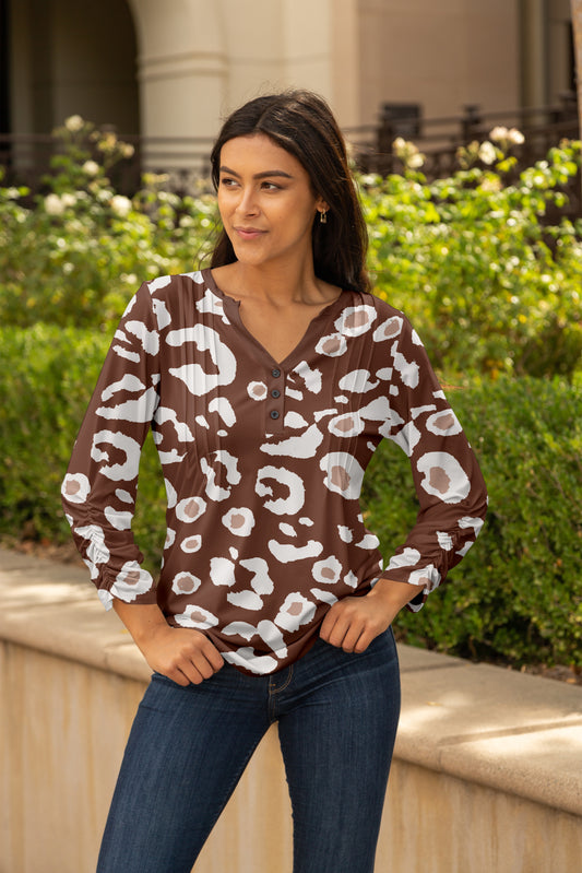 Front Pleated Button Tunic-Brown White