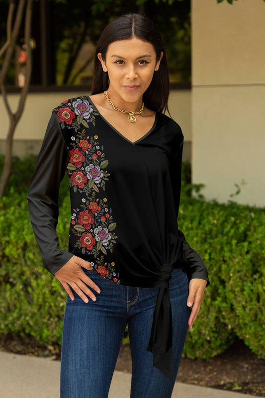 Twisted Hem Tie Tunic-Black Red