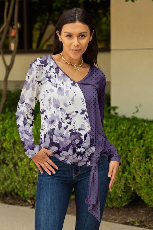Twisted Hem Tie Tunic-Purple White Floral