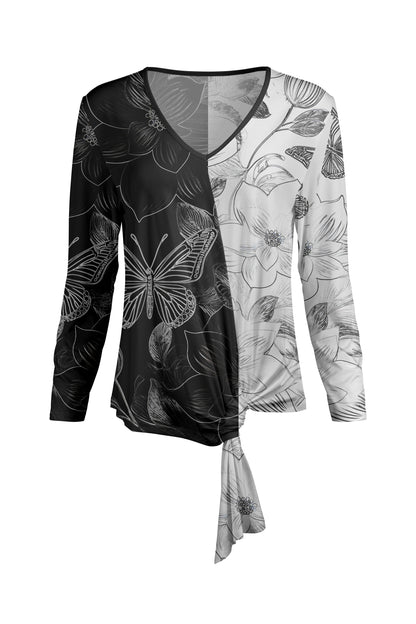 Twisted Hem Tie Tunic-Black White