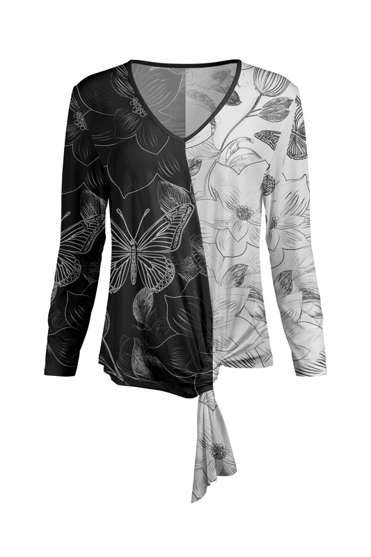 Twisted Hem Tie Tunic-Black White Floral