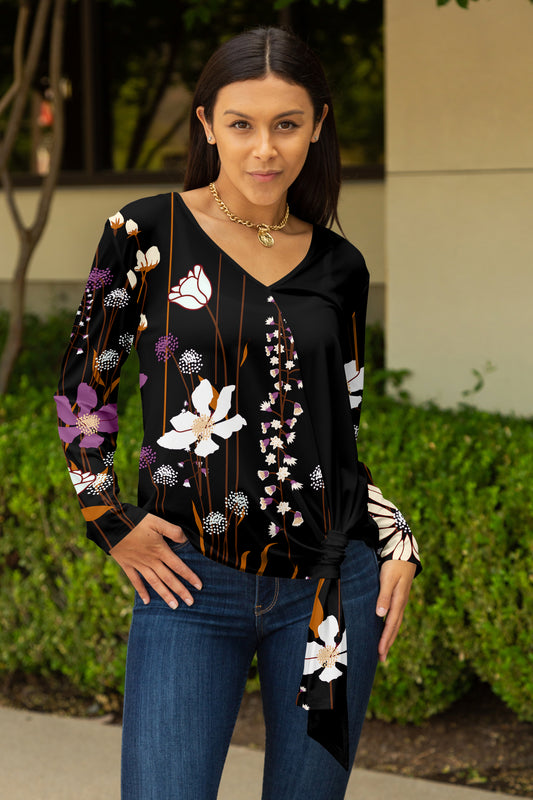 Twisted Hem Tie Tunic-Black White Multi