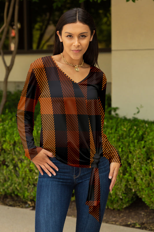 Twisted Hem Tie Tunic-Brown Yellow