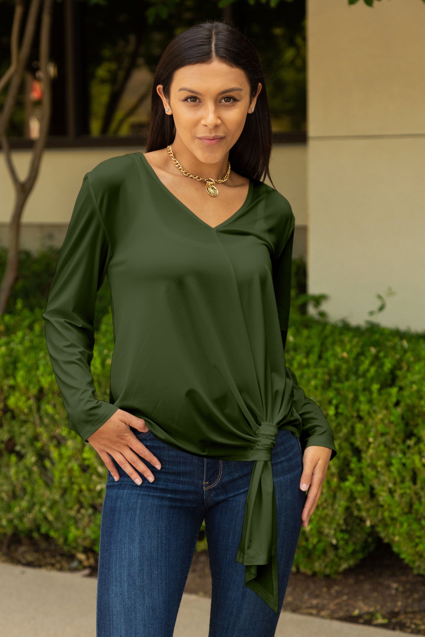 Twisted Hem Tie Tunic-Black Green
