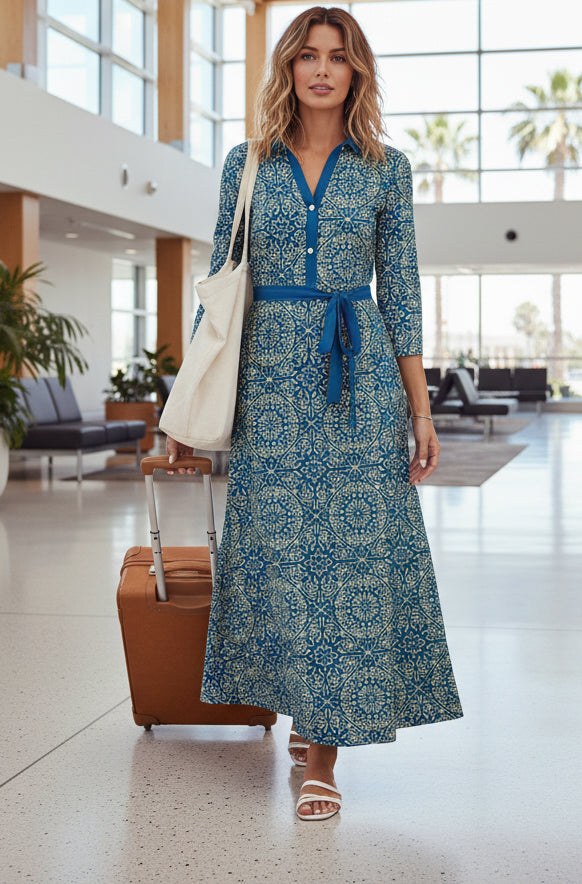Shirt-Collar Classic Maxi Dress-Blue Boho