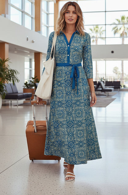 Shirt-Collar Classic Maxi Dress-Blue Boho