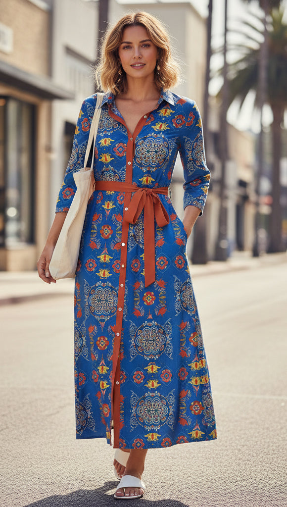 Shirt-Collar Classic Maxi Dress-Blue Boho