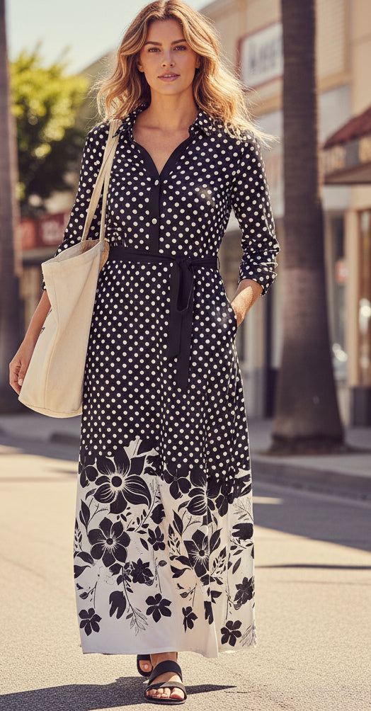 Shirt-Collar Classic Maxi Dress-Black White Dots
