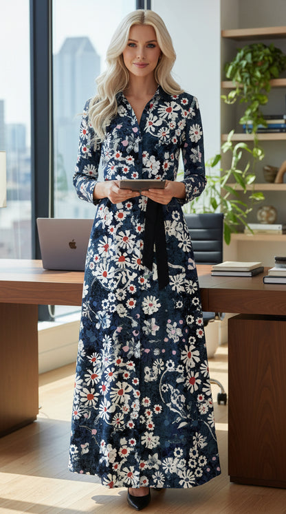 Shirt-Collar Classic Maxi Dress-Black White Dots
