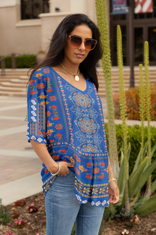 Oversized Flattering Tunic- Blue Multi Boho Colors