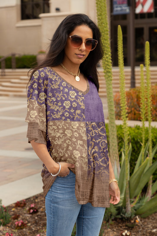 Oversized Flattering Tunic- Purple Multi Colors  Vintage