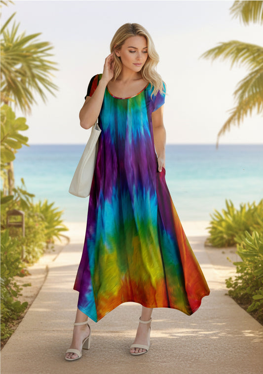 Handkerchief Hem Maxi Dress-Teal Blue Tie-Dye Print