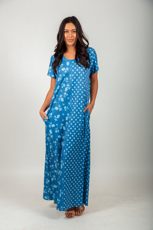 Blue Dots Flower Patched- Blue Meadow Maxi Dress (Copy)