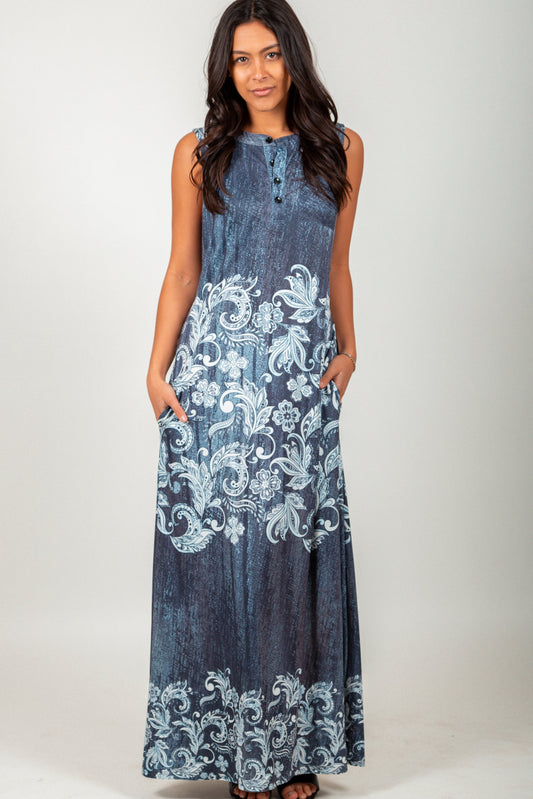 Jeans Blue Vintage Floral Print- Maxi Dress