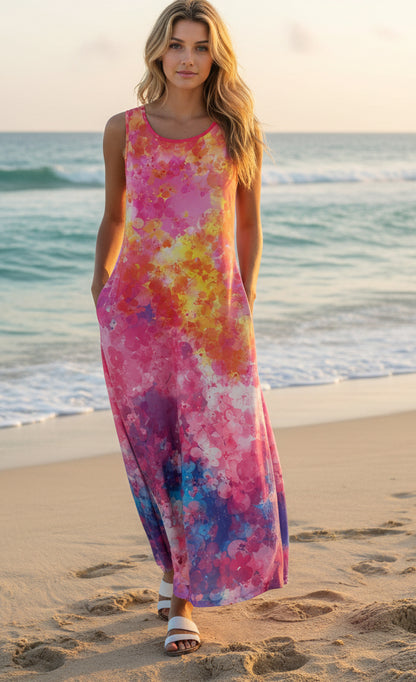 Printed Sleeveless A-Line Maxi Dress-Yellow Red Floral