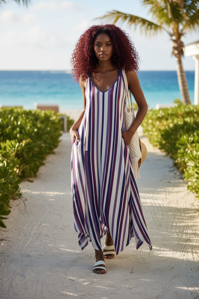 V-Neck Maxi Dress with Handkerchief Hem & Pockets-Pink White Dots