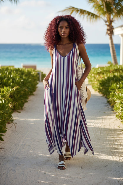 V-Neck Maxi Dress with Handkerchief Hem & Pockets-Pink White Dots