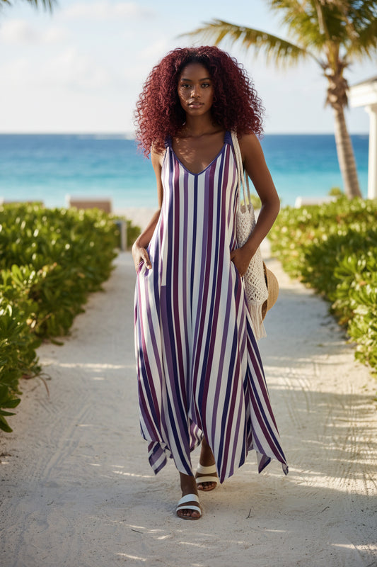 V-Neck Maxi Dress with Handkerchief Hem & Pockets-Purple White Strips