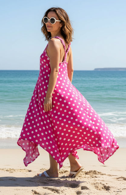 V-Neck Maxi Dress with Handkerchief Hem & Pockets-Pink White Dots