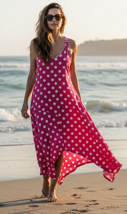 V-Neck Maxi Dress with Handkerchief Hem & Pockets-Pink White Dots