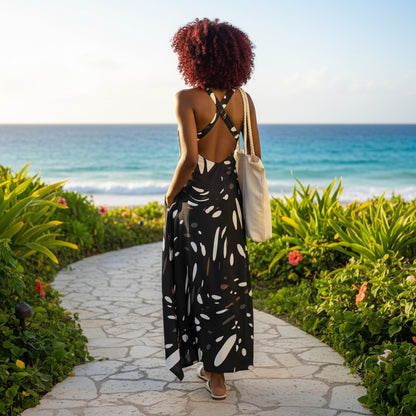 V-Neck Maxi Dress with Handkerchief Hem & Pockets-Pink White Dots