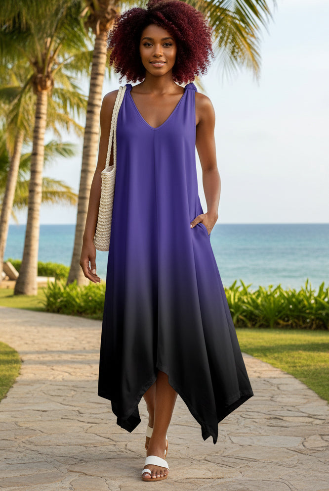 V-Neck Maxi Dress with Handkerchief Hem & Pockets-White Orange Floral