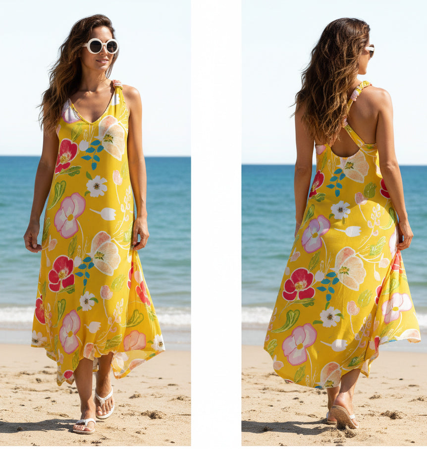 V-Neck Maxi Dress with Handkerchief Hem & Pockets-White Orange Floral