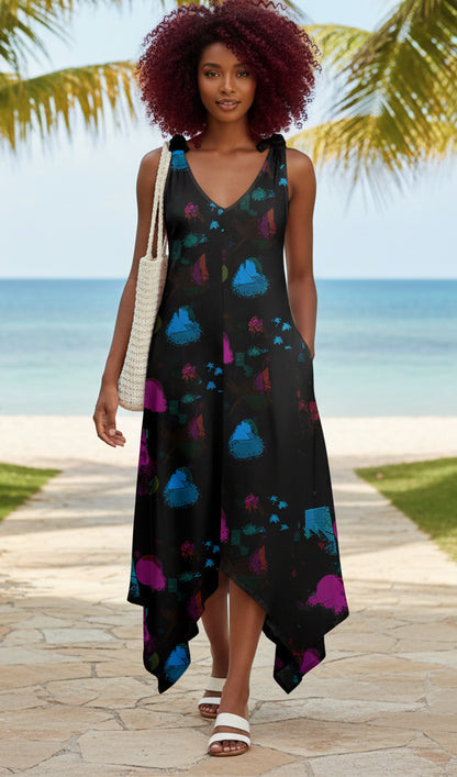 V-Neck Maxi Dress with Handkerchief Hem & Pockets-White Orange Floral