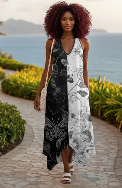 V-Neck Maxi Dress with Handkerchief Hem & Pockets-White Orange Floral