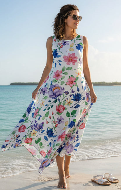 Bold Print Handkerchief Maxi Dress-Teal Red Multi
