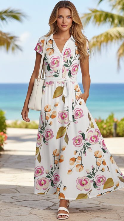 Shirt-Top Maxi Dress with Waist Belt-Black Gold